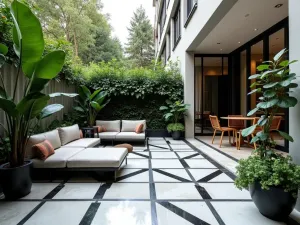 Modern Geometric Tiles - A sophisticated apartment patio featuring large-format geometric tiles in black and white, with modern furniture and architectural plants