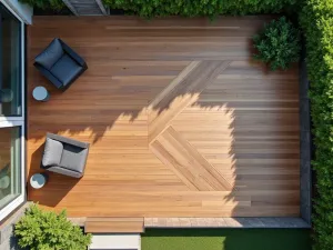 Modern Geometric Wood Deck - Aerial view of a contemporary wooden patio featuring a geometric pattern created with alternating dark and light wooden panels, surrounded by minimalist outdoor furniture