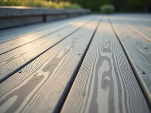 Modern Gray Composite Deck Pattern - Close-up view of modern gray composite wood decking with clean geometric patterns and subtle wood grain texture, late afternoon sunlight casting gentle shadows