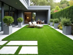 Modern Green Oasis Patio - A modern patio space with pristine artificial grass flooring, surrounded by sleek concrete planters and minimalist outdoor furniture, photographed in bright daylight with a straight-on view