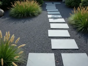 Modern Japanese Gravel Garden Patio - Aerial view of a minimalist Japanese-inspired gravel patio featuring dark gray crushed granite arranged in precise geometric patterns. Large flat stepping stones create a contemporary pathway, with ornamental grasses providing movement and texture.