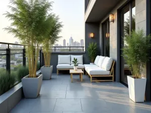 Modern Minimalist Apartment Balcony - A contemporary apartment balcony with sleek gray concrete tiles, featuring minimalist white furniture and potted bamboo plants, shot from a straight-on perspective