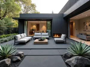 Modern Minimalist Carpet Design - Clean-lined contemporary patio with a solid charcoal outdoor carpet, featuring minimalist furniture and sculptural succulents