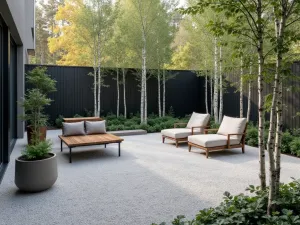 Modern Scandinavian Gravel Garden - Minimalist Scandinavian patio with light gray crushed granite, featuring clean-lined furniture and geometric planters. Birch trees provide natural screening and Nordic atmosphere.