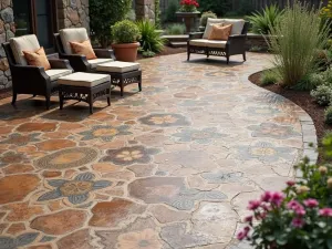 Moroccan-Inspired Concrete Pattern - Detailed view of a concrete patio floor stamped with intricate Moroccan-inspired patterns, finished in subtle earth tones with antiqued effects