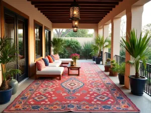 Moroccan Inspired Carpet Patio - Wide angle shot of a covered patio with a vibrant Moroccan-pattern outdoor carpet, featuring hanging lanterns, floor cushions, and potted palm plants