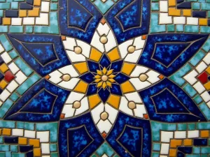 Moroccan Star Mosaic - Close-up of an intricate Moroccan-style star pattern mosaic using traditional zellige tiles in deep blues, whites, and gold