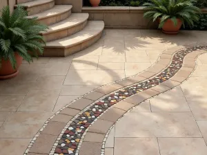 Mosaic-Effect Porcelain Border - Close-up of intricate mosaic-effect porcelain tile border surrounding larger format tiles on a Mediterranean-style patio