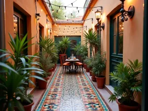 Mosaic Tile Apartment Terrace - An intimate apartment patio featuring colorful Moroccan-inspired mosaic floor tiles, with string lights overhead and potted Mediterranean herbs, captured in warm evening light