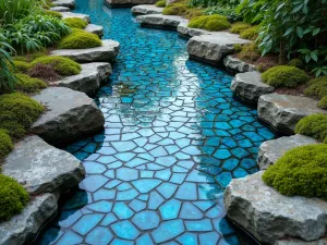 Mountain Stream Mosaic - Wide view of a nature-inspired mosaic depicting a meandering stream pattern in blue glass tiles with natural stone borders, integrated with live moss