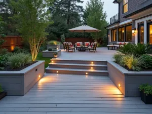 Multi-Level Composite Terrace - Wide angle shot of a multi-level composite wood patio in weathered gray, featuring built-in planters and LED step lighting