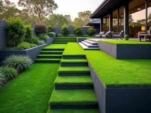 Multi-Level Grass Terrace - Dramatic wide-angle shot of a terraced patio with artificial grass on multiple levels, connected by modern steps