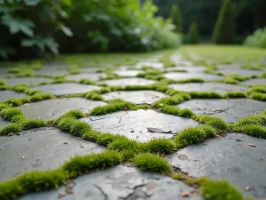 Natural Flagstone Layout - Irregular flagstone patio floor with moss growing between stones, creating a natural, organic pattern viewed at ground level