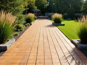 Natural Pine Boardwalk Style - Wide-angle view of a pine wood patio floor with boards running lengthwise, creating a boardwalk effect, bordered by ornamental grasses and stone planters