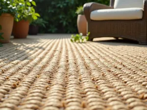 Natural Sisal Look Patio - Close-up view of a natural sisal-look outdoor carpet texture, showing the weave pattern and durability, with partial view of wicker furniture and trailing ivy