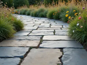 Natural Slate Mosaic - Random-pattern rustic slate patio floor with varying sizes and colors of slate pieces, surrounded by native grasses and wildflowers