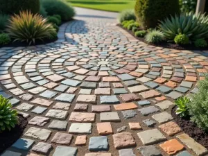 Natural Stone Mosaic - Close-up of an intricate natural stone mosaic patio floor featuring various colored stones in a circular pattern, with small succulent gardens in the corners