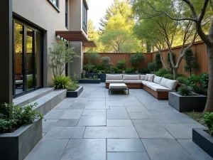 Natural Stone Terrace - An elegant apartment patio featuring natural slate tiles in varying gray tones, with built-in seating and Mediterranean plants, shot in natural daylight