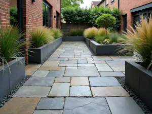 Natural Stone Urban Patio - Small urban patio with irregular slate flagstones in mixed greys and browns, surrounded by built-in planters with ornamental grasses, wide angle view