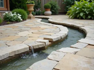 Natural Stone Water Feature - A close-up of a natural stone patio floor incorporating a small water channel, showing how the stones are cut and fitted around the water feature