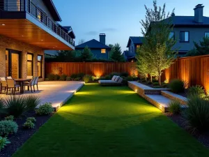 Night Garden Grass Patio - Evening shot of an artificial grass patio with strategic lighting, featuring illuminated pathways and ambient lighting