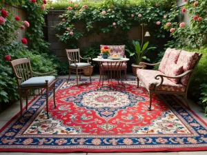 Oriental Style Outdoor Carpet - Traditional oriental pattern outdoor carpet in rich reds and blues, with vintage-style metal furniture and climbing roses