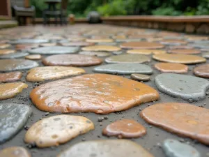 Painted Stone Effect - Close-up of a concrete patio floor painted to simulate natural river stones in various sizes and earth tones