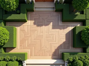 Parquet Style Outdoor Floor - Aerial view of an elegant outdoor parquet-style wooden floor pattern, creating a sophisticated patio space surrounded by manicured hedges