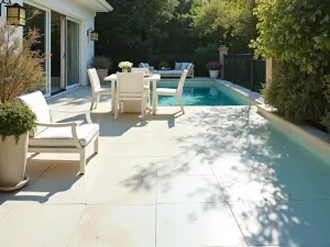 Pearlescent White Epoxy - Elegant patio with pearlescent white epoxy flooring creating subtle rainbow effects in sunlight, surrounded by classic white furniture