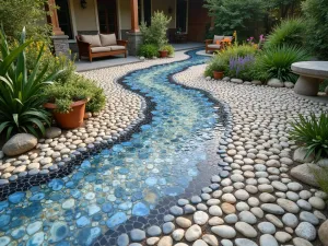 Pebble Mosaic Art - Detailed view of a hand-laid pebble mosaic patio floor creating natural patterns inspired by river flows