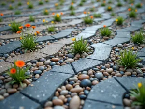 Pebble Mosaic Design - Close-up of an artistic pebble mosaic floor creating a wave pattern, with small flowering plants growing between sections