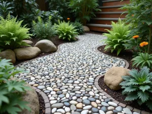 Pebble Mosaic Garden Patio - Artistic small patio with hand-laid river pebble mosaic in swirling pattern, surrounded by ferns and hostas, close-up detail shot