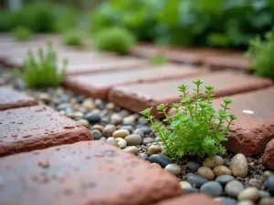 Permeable Brick Pattern - Close-up of an eco-friendly permeable brick patio design with wider spacing between bricks, showing small pebbles and sedum growing in the gaps