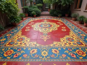 Persian Rug Design - Wide angle shot of a patio floor painted to resemble an ornate Persian rug, with rich reds, blues, and golds in traditional patterns