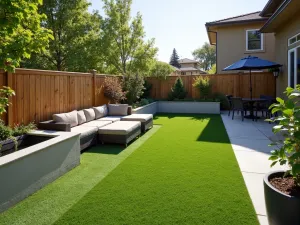 Pet-Friendly Grass Space - Pet-focused patio design with durable artificial grass, built-in water features, and pet-friendly furniture, shown in natural light