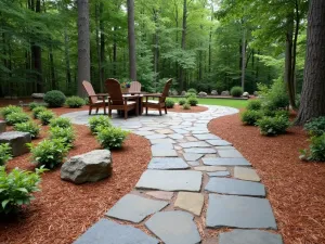 Pine Needle Bordered Stone - Natural stone patio floor with pine needle mulch border, creating a forest-inspired transition to the surrounding woodland