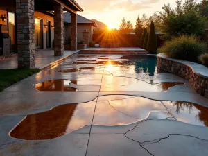 Polished Concrete with Inlaid Design - High-gloss polished concrete patio floor with bronze metallic inlays creating an abstract pattern, photographed at sunset with warm lighting reflecting off the surface