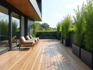 Porcelain Tile Balcony Patio - Modern balcony patio with large-format wood-look porcelain tiles, minimalist furniture, and tall ornamental bamboo, shot straight on