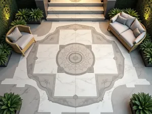 Porcelain Tile Elegance - High-end porcelain tiles mimicking marble, arranged in a grand pattern with a central medallion, viewed from above with modern outdoor furniture