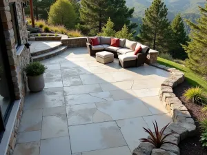 Quartzite Mountain Terrace - A mountain-style patio with silvery quartzite stone flooring laid in a random pattern, aerial view showing the connection to the natural landscape