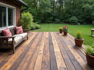 Railroad Tie Integration - Wide-angle view of a rustic patio floor incorporating reclaimed railroad ties with standard decking boards, creating a unique pattern