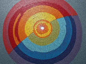 Rainbow Spectrum Mosaic - Aerial view of a contemporary rainbow-colored mosaic pattern created with small glass tiles, transitioning through the color spectrum in concentric circles