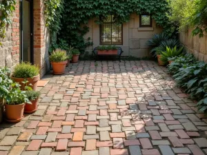 Reclaimed Brick Pattern - Weathered reclaimed brick patio floor in a basket weave pattern, showing varied colors and textures, with climbing vines on nearby walls