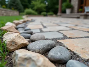 River Rock Border Detail - A close-up view of a natural stone patio edge featuring smooth river rocks creating a decorative border around larger stone pavers