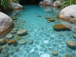 Riverstone Effect Epoxy - Close-up of an epoxy floor designed to look like a crystal-clear river with embedded stones and pebbles