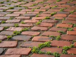 Running Bond Brick Pattern - Classic running bond brick pattern in warm terracotta tones, with creeping thyme growing between the bricks, shot from a 45-degree angle