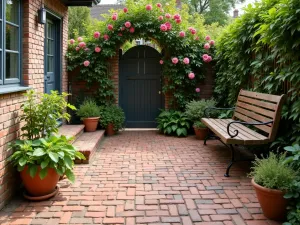 Rustic Brick Corner Patio - Charming corner patio with herringbone pattern reclaimed brick flooring, wooden bench, and climbing roses on trellis, close-up view of floor texture