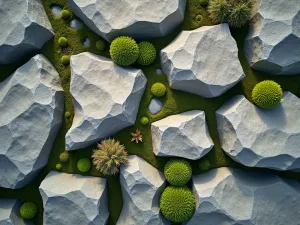 Rustic Granite Blocks - Aerial view of large, rough-cut granite blocks arranged in an organic pattern with moss and small succulents growing between