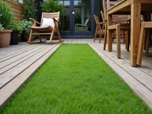 Rustic Grass Blend - Close-up detail of artificial grass meeting reclaimed wood decking and vintage furniture, creating a rustic-modern blend