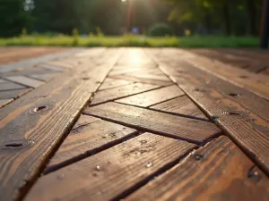 Rustic Herringbone Wood Patio - Close-up view of a beautifully arranged herringbone pattern wooden patio floor, made from weathered cedar planks with subtle lighting between boards, morning dew glistening on the surface